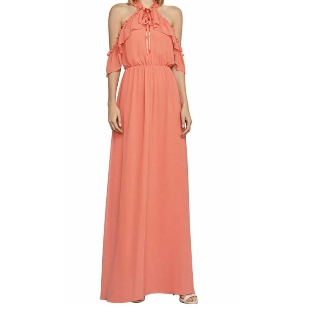 NWT BCBGMAXAZRIA TRACIE COLD SHOULDER RUFFLED CHIFFON HALTER DRESS SIZE XS